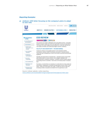 47CHAPTER 4 | Reporting on What Matters Most
Reporting Examples:
a)	 Unilever: CEO letter focusing on the company’s plans to adapt
to new risks
Source: Unilever website — online reporting
www.unilever.com/sustainable-living/ourapproach/messageceo/index.aspx
 