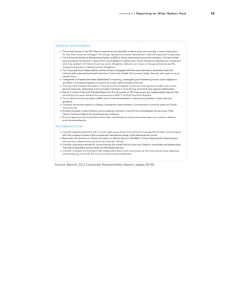 53CHAPTER 4 | Reporting on What Matters Most
Source: Barrick 2012 Corporate Responsibility Report, pages 92-93
 