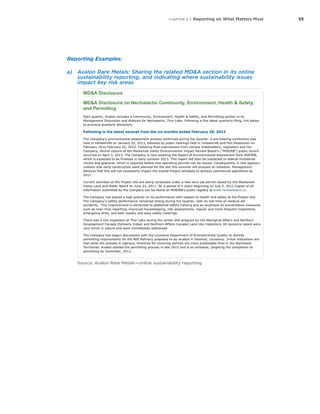 55CHAPTER 4 | Reporting on What Matters Most
Reporting Examples:
a)	 Avalon Rare Metals: Sharing the related MD&A section in its online
sustainability reporting, and indicating where sustainability issues
impact key risk areas
Source: Avalon Rare Metals — online sustainability reporting
 