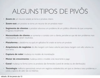 ALGUNS TIPOS DE PIVÔS
  •   Zoom-in: um recurso isolado se torna o produto inteiro

  •   Zoom-out: um produto se torna um recurso de um produto maior

  •   Segmento de clientes: o produto soluciona um problema de um público diferente do que a empresa
      imaginava inicialmente

  •   Necessidade do cliente: ao aumentar o contato com o cliente, percebe-se que ele tem problemas mais
      interessantes de serem resolvidos

  •   Plataforma: a plataforma na qual um aplicativo foi criado se torna um produto

  •   Arquitetura de negócios: de alta margem com baixo volume para baixa margem com alto volume, ou
      vice-versa

  •   Captura de valor: mudança no modelo de monetização

  •   Motor de crescimento: mudança entre o modelo viral, recorrente e pago

  •   Canal: mudança na forma como os produtos são fornecidos (canal de vendas ou de distribuição)

  •   Tecnologia: melhoria operacional, comum em negócios estabelecidos, em que os clientes e seus problemas, o
      canal, a captura de valor são os mesmos

sábado, 26 de janeiro de 13
 