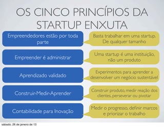 OS CINCO PRINCÍPIOS DA
              STARTUP ENXUTA
    Empreendedores estão por toda      Basta trabalhar em uma startup.
               parte                        De qualquer tamanho

                                        Uma startup é uma instituição,
          Empreender é administrar            não um produto

                                        Experimentos para aprender a
             Aprendizado validado     desenvolver um negócio sustentável

                                      Construir produto, medir reação dos
          Construir-Medir-Aprender      clientes, perseverar ou pivotar

                                      Medir o progresso, deﬁnir marcos
        Contabilidade para Inovação        e priorizar o trabalho

sábado, 26 de janeiro de 13
 