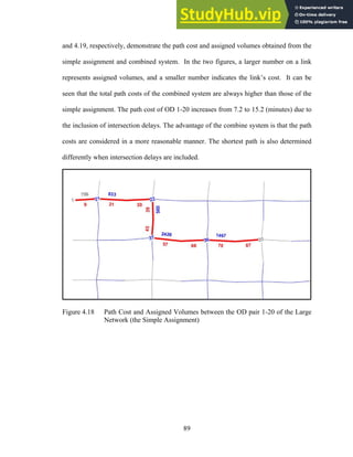 and 4.19, respectively, demonstrate the path cost and assigned volumes obtained from the
simple assignment and combined system. In the two figures, a larger number on a link
represents assigned volumes, and a smaller number indicates the link’s cost. It can be
seen that the total path costs of the combined system are always higher than those of the
simple assignment. The path cost of OD 1-20 increases from 7.2 to 15.2 (minutes) due to
the inclusion of intersection delays. The advantage of the combine system is that the path
costs are considered in a more reasonable manner. The shortest path is also determined
differently when intersection delays are included.
Figure 4.18 Path Cost and Assigned Volumes between the OD pair 1-20 of the Large
Network (the Simple Assignment)
89
 