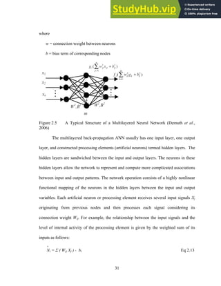 where
w = connection weight between neurons
b = bias term of corresponding nodes
Figure 2.5 A Typical Structure of a Multilayered Neural Network (Demuth et al.,
2006)
The multilayered back-propagation ANN usually has one input layer, one output
layer, and constructed processing elements (artificial neurons) termed hidden layers. The
hidden layers are sandwiched between the input and output layers. The neurons in these
hidden layers allow the network to represent and compute more complicated associations
between input and output patterns. The network operation consists of a highly nonlinear
functional mapping of the neurons in the hidden layers between the input and output
variables. Each artificial neuron or processing element receives several input signals Xj
originating from previous nodes and then processes each signal considering its
connection weight Wij. For example, the relationship between the input signals and the
level of internal activity of the processing element is given by the weighted sum of its
inputs as follows:
n
Ni = Σ ( Wij Xj ) - bi Eq 2.13
31
 