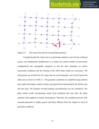 Figure 3.2 The Large Network for Concept Demonstration
Considering that this study aims at a promising method to solve for the combined
system, one fundamental simplification is to reduce the infinite number of intersection
configurations into manageable categories so that the later simulation of various
intersection conditions and the training of the ANN delay model are convenient. The
intersections are divided into five types that are most-frequently seen in the Gainesville
urban area as shown in Table 3.1. The geometry conditions are simplified using uniform
lane width, link length, number of lanes, and speed limits determined by the facility type
and area type. The frequent on-street parking and pedestrians are not considered. The
delay model avoids incorporating certain local conditions that may skew the delay
estimates when applied in similar circumstances. Therefore, the considered network with
assumed parameters is highly generic and fairly different from the original in terms of
geometric conditions.
51
 
