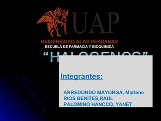 UNIVERSIDAD ALAS PERUANAS
 ESCUELA DE FARMACIA Y BIOQUIMICA




        Integrantes:
        ARREDONDO   MAYORGA, Marlene
        RIOS BENITES,RAUL
        PALOMINO HANCCO, YANET
 