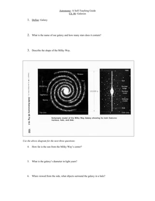 Astronomy: A Self-Teaching Guide
                                            Ch. 06: Galaxies

    1. Define: Galaxy




    2. What is the name of our galaxy and how many stars does it contain?




    3. Describe the shape of the Milky Way.




Use the above diagram for the next three questions:

    4.   How far is the sun from the Milky Way’s center?




    5.   What is the galaxy’s diameter in light years?




    6.   When viewed from the side, what objects surround the galaxy in a halo?
 