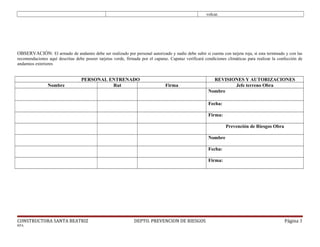 volcar.
OBSERVACIÓN: El armado de andamio debe ser realizado por personal autorizado y nadie debe subir si cuenta con tarjeta roja, si esta terminado y con las
recomendaciones aquí descritas debe poseer tarjetas verde, firmada por el capataz. Capataz verificará condiciones climáticas para realizar la confección de
andamios exteriores
PERSONAL ENTRENADO REVISIONES Y AUTORIZACIONES
Nombre Rut Firma Jefe terreno Obra
Nombre
Fecha:
Firma:
Prevención de Riesgos Obra
Nombre
Fecha:
Firma:
CONSTRUCTORA SANTA BEATRIZ DEPTO. PREVENCION DE RIESGOS Página 3
RPA.
 