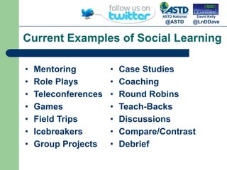 What is Social Learning?Social learning is learning that takes place at a wider scale than individual or group learning, up to a societal scale, through social interaction between peers. It may or may not lead to a change in attitudes and behavior.via Wikipedia.org