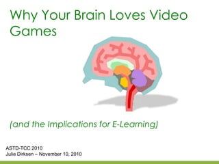 Why Your Brain Loves Video
Games
(and the Implications for E-Learning)
ASTD-TCC 2010
Julie Dirksen – November 10, 2010
 