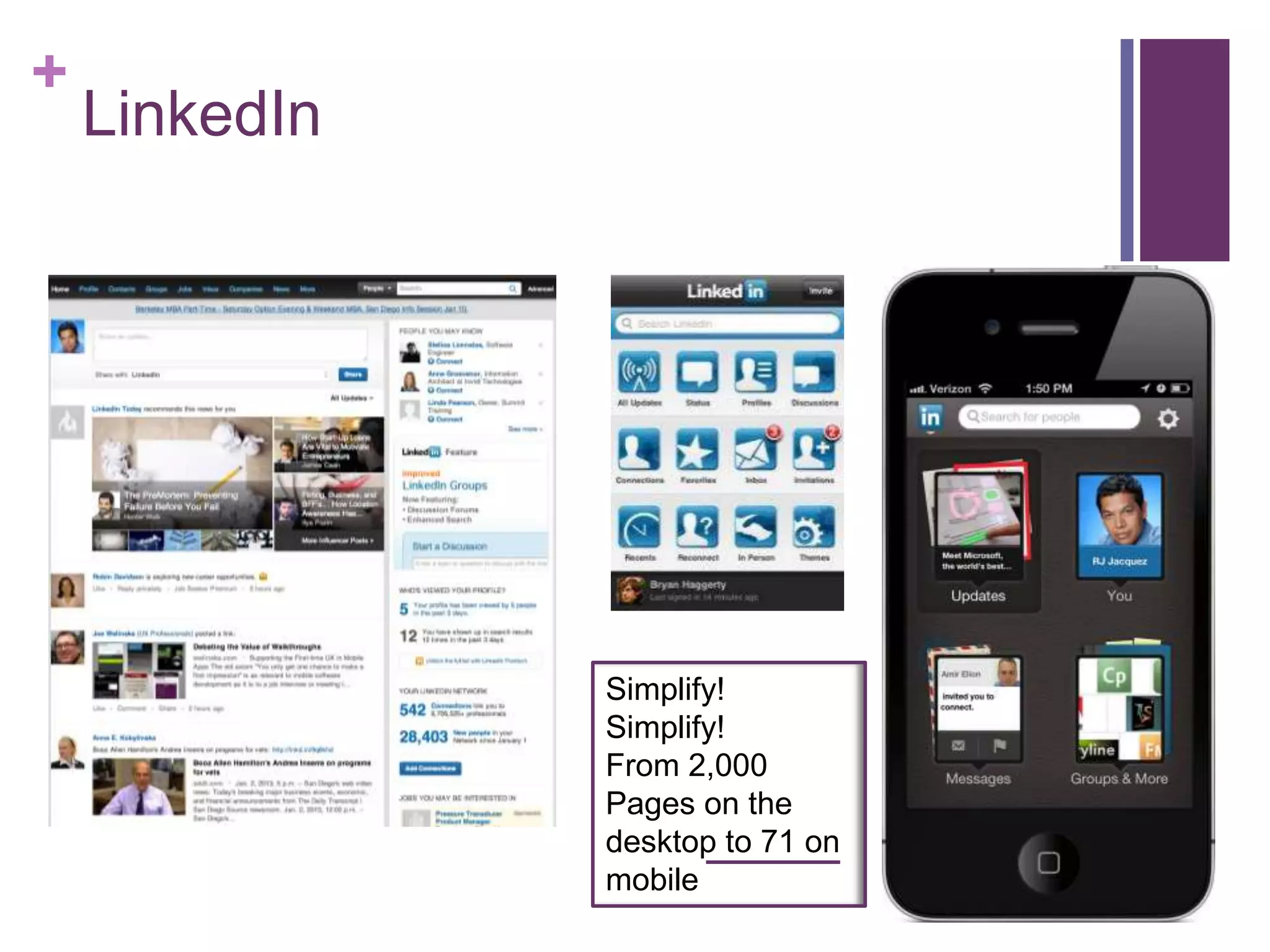 +
LinkedIn
Simplify!
Simplify!
From 2,000
Pages on the
desktop to 71 on
mobile
 