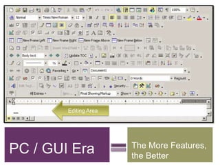 PC / GUI Era The More Features,
the Better
Editing Area
 