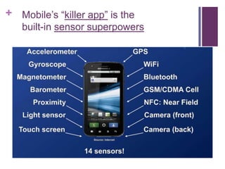 + Mobile‘s ―killer app‖ is the
built-in sensor superpowers
 