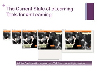 +
The Current State of eLearning
Tools for #mLearning
Adobe Captivate 6 converted to HTML5 across multiple devices
 