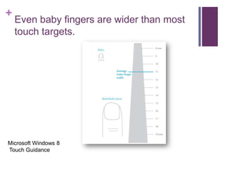 +
Even baby fingers are wider than most
touch targets.
Microsoft Windows 8
Touch Guidance
 