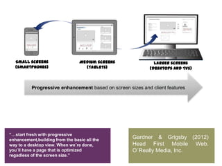 “…start fresh with progressive
enhancement,building from the basic all the
way to a desktop view. When we´re done,
you´ll have a page that is optimized
regadless of the screen size.”
Small screens
(smartphones)
Medium screens
(tablets)
Larger screens
(desktops and TVs)
Progressive enhancement based on screen sizes and client features
Gardner & Grigsby (2012)
Head First Mobile Web.
O´Really Media, Inc.
 