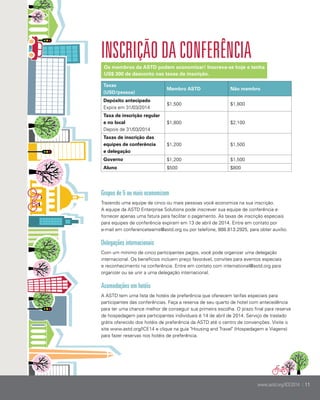 Inscrição da conferência
Os membros da ASTD podem economizar! Inscreva-se hoje e tenha
US$ 300 de desconto nas taxas de inscrição.
Taxas
(USD/pessoa)

Membro ASTD

Não membro

Depósito antecipado
Expira em 31/03/2014

$1,500

$1,800

Taxa de inscrição regular
e no local
Depois de 31/03/2014

$1,800

$2,100

Taxas de inscrição das
equipes de conferência
e delegação

$1,200

$1,500

Governo

$1,200

$1,500

Aluno

$500

$800

Grupos de 5 ou mais economizam
Trazendo uma equipe de cinco ou mais pessoas você economiza na sua inscrição.
A equipe da ASTD Enterprise Solutions pode inscrever sua equipe de conferência e
fornecer apenas uma fatura para facilitar o pagamento. As taxas de inscrição especiais
para equipes de conferência expiram em 13 de abril de 2014. Entre em contato por
e-mail em conferenceteams@astd.org ou por telefone, 888.813.2925, para obter auxílio.

Delegações internacionais
Com um mínimo de cinco participantes pagos, você pode organizar uma delegação
internacional. Os benefícios incluem preço favorável, convites para eventos especiais
e reconhecimento na conferência. Entre em contato com international@astd.org para
organizar ou se unir a uma delegação internacional.

Acomodações em hotéis
A ASTD tem uma lista de hotéis de preferência que oferecem tarifas especiais para
participantes das conferências. Faça a reserva de seu quarto de hotel com antecedência
para ter uma chance melhor de conseguir sua primeira escolha. O prazo final para reserva
de hospedagem para participantes individuais é 14 de abril de 2014. Serviço de traslado
grátis oferecido dos hotéis de preferência da ASTD até o centro de convenções. Visite o
site www.astd.org/ICE14 e clique na guia "Housing and Travel" (Hospedagem e Viagens)
para fazer reservas nos hotéis de preferência.

www.astd.org/ICE2014 | 11

 