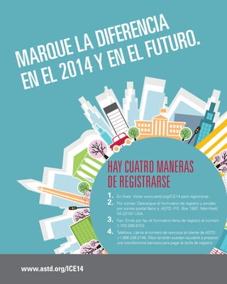 CIA .
EREN URO
DIF FUT
E LA N EL
RQU Y E
MA 014
EL 2
EN

HAY CUATRO MANERAS
DE REGISTRARSE
1.	 En línea: Visite www.astd.org/ICE14 para registrarse.
2.	 Por correo: Descargue el formulario de registro y envíelo

por correo postal lleno a: ASTD, P.O. Box 1567, Merrifield,
VA 22167 USA.

3.	 Fax: Envíe por fax el formulario lleno de registro al número
1.703.299.8723.

4.	 Teléfono: Llame al número de servicios al cliente de ASTD

+1.866.238.2146. Ellos también pueden ayudarle a preparar
una transferencia bancaria para pagar la tarifa de registro.

www.astd.org/ICE14

 
