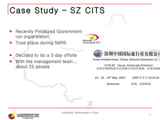 Case Study – SZ CITS Recently Privatized Government run organization Took place during SARS Decided to do a 3 day offsite With the management team... about 25 people Facilitating Transformation in Crisis 