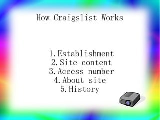 How Craigslist Works



  1.Establishment
   2.Site content
  3.Access number
    4.About site
     5.History
 
