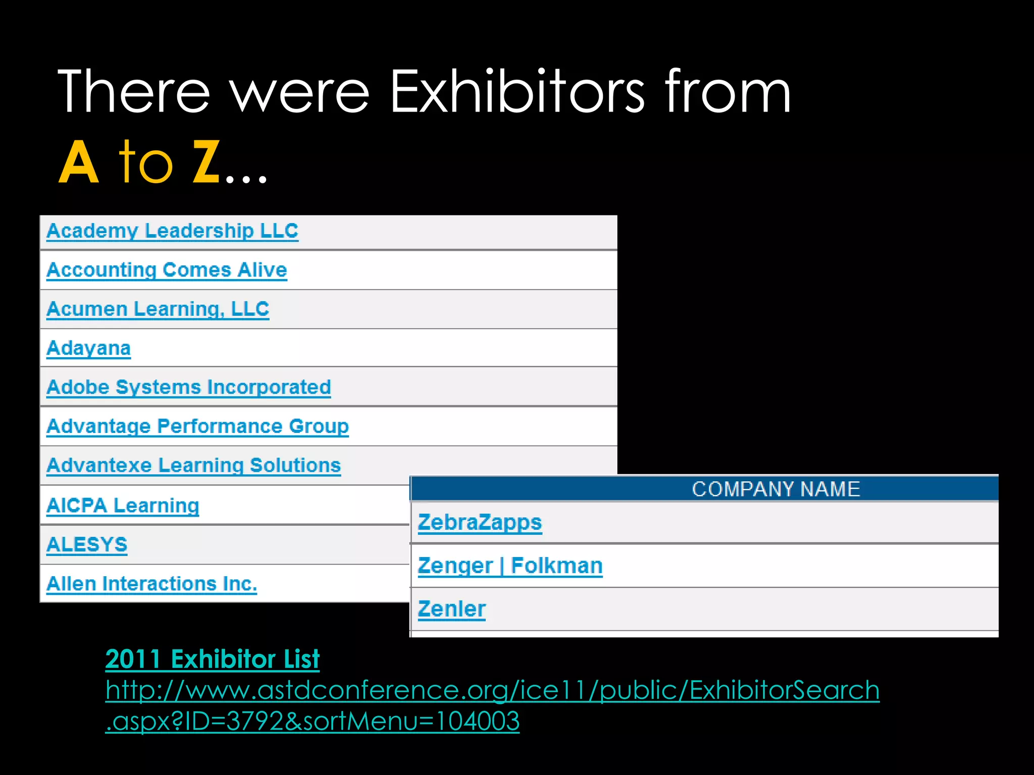 There were Exhibitors from A to Z...2011 Exhibitor Listhttp://www.astdconference.org/ice11/public/ExhibitorSearch.aspx?ID=3792&sortMenu=104003