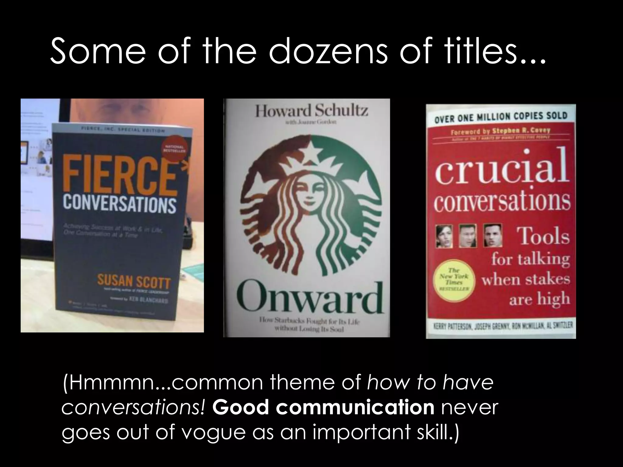 Some of the dozens of titles...(Hmmmn...common theme of how to have conversations! Good communication never goes out of vogue as an important skill.)