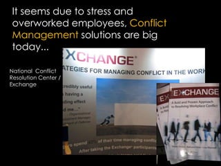 It seems due to stress and overworked employees, Conflict Management solutions are big today...National  Conflict Resolution Center /Exchange