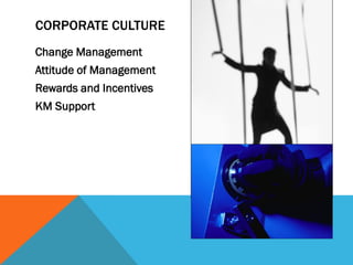 CORPORATE CULTURE
Change Management
Attitude of Management
Rewards and Incentives
KM Support
 