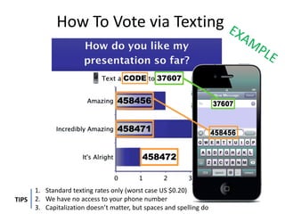 How To Vote via Texting




       1. Standard texting rates only (worst case US $0.20)
TIPS   2. We have no access to your phone number
       3. Capitalization doesn’t matter, but spaces and spelling do
 