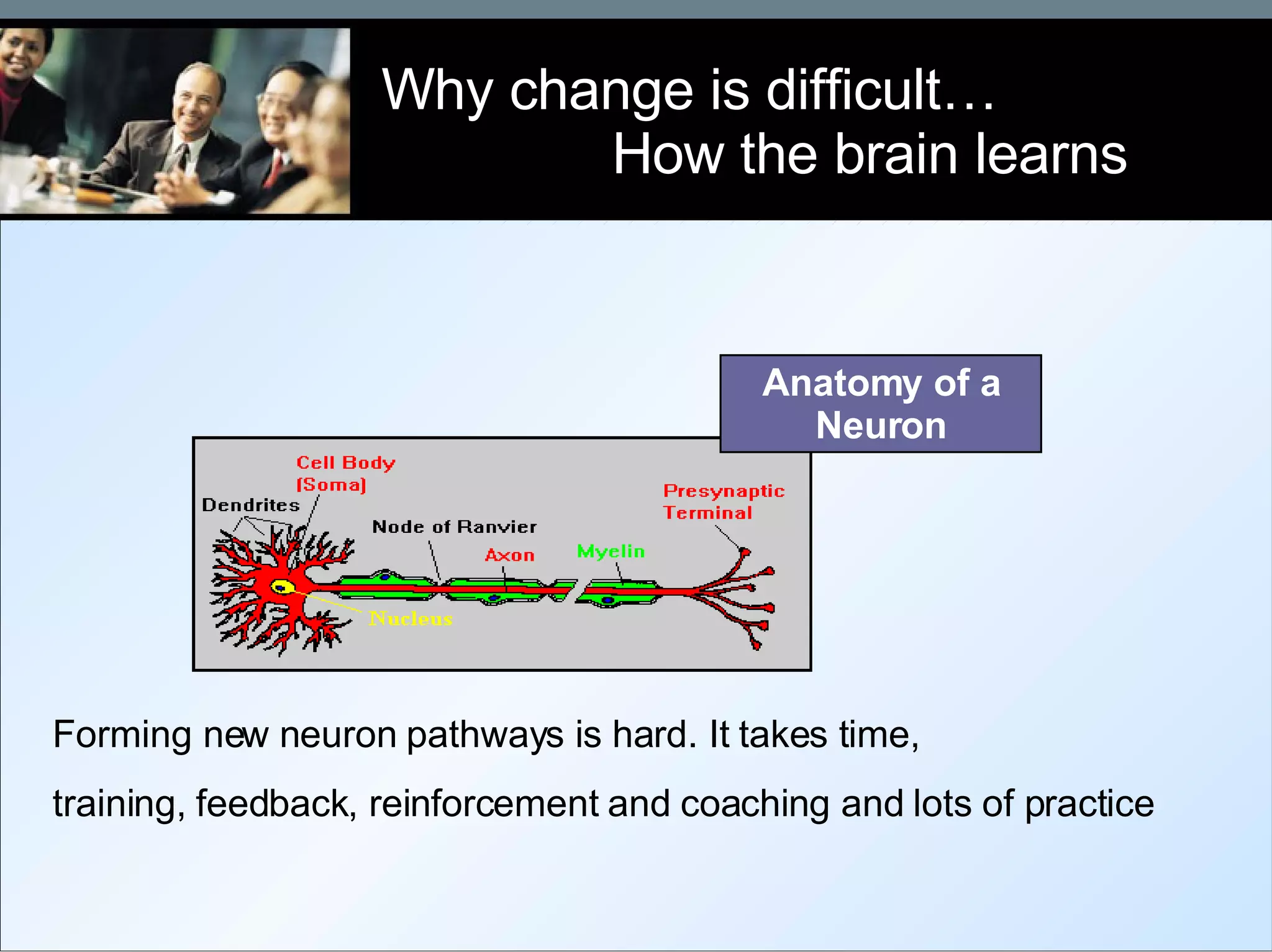 Why change is difficult…  How the brain learns Anatomy of a Neuron Forming new neuron pathways is hard. It takes time,  training, feedback, reinforcement and coaching and lots of practice 