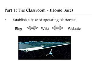 Part 1: The Classroom - (Home Base)
•   Establish a base of operating platforms:

     Blog            Wiki             Website
 