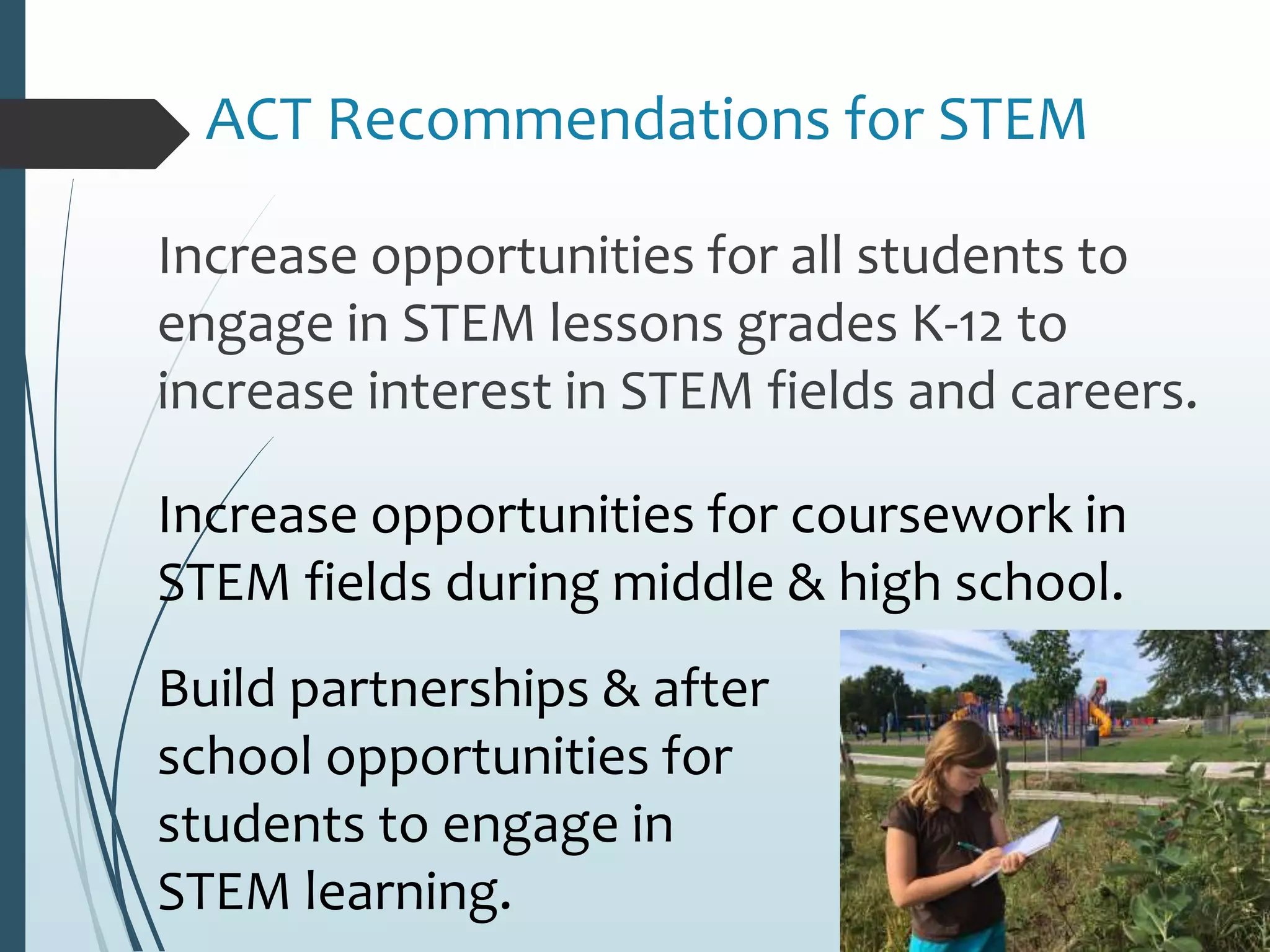 ACT Recommendations for STEM
Increase opportunities for all students to
engage in STEM lessons grades K-12 to
increase interest in STEM fields and careers.
Increase opportunities for coursework in
STEM fields during middle &amp; high school.
Build partnerships &amp; after
school opportunities for
students to engage in
STEM learning.
 