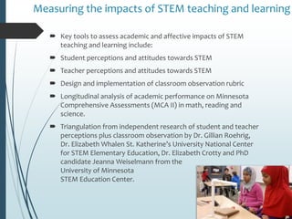 Measuring the impacts of STEM teaching and learning
 Key tools to assess academic and affective impacts of STEM
teaching and learning include:
 Student perceptions and attitudes towards STEM
 Teacher perceptions and attitudes towards STEM
 Design and implementation of classroom observation rubric
 Longitudinal analysis of academic performance on Minnesota
Comprehensive Assessments (MCA II) in math, reading and
science.
 Triangulation from independent research of student and teacher
perceptions plus classroom observation by Dr. Gillian Roehrig,
Dr. Elizabeth Whalen St. Katherine’s University National Center
for STEM Elementary Education, Dr. Elizabeth Crotty and PhD
candidate Jeanna Weiselmann from the
University of Minnesota
STEM Education Center.
 