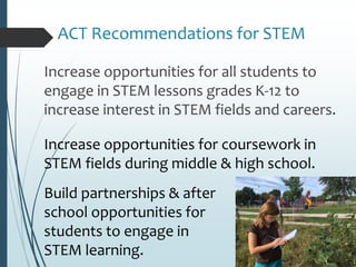 ACT Recommendations for STEM
Increase opportunities for all students to
engage in STEM lessons grades K-12 to
increase interest in STEM fields and careers.
Increase opportunities for coursework in
STEM fields during middle & high school.
Build partnerships & after
school opportunities for
students to engage in
STEM learning.
 
