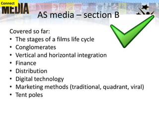 Covered so far:
• The stages of a films life cycle
• Conglomerates
• Vertical and horizontal integration
• Finance
• Distribution
• Digital technology
• Marketing methods (traditional, quadrant, viral)
• Tent poles
AS media – section B
Connect
 