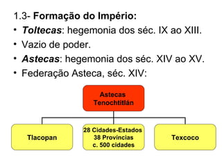 1.3-  Formação do Império: Toltecas : hegemonia dos séc. IX ao XIII. Vazio de poder. Astecas : hegemonia dos séc. XIV ao XV. Federação Asteca, séc. XIV: Astecas  Tenochtitlán Tlacopan 28 Cidades-Estados  38 Províncias c. 500 cidades Texcoco 