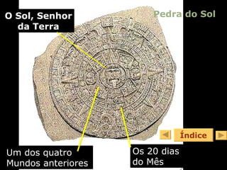 Índice O Sol, Senhor da Terra Um dos quatro Mundos anteriores Os 20 dias  do Mês Pedra do Sol 