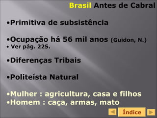 Índice Brasil  Antes de Cabral Primitiva de subsistência Ocupação há 56 mil anos  (Guidon, N.) Ver pág. 225. Diferenças Tribais Politeísta Natural Mulher : agricultura, casa e filhos Homem : caça, armas, mato 