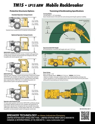 ROPS/FOPS Canopy
Tested and certified ROPS/FOPS canopy, complete with guard bars
to help protect operator and passenger from dangerous fly-rock.
Complete with swivel operator seat.
Optional Operator Compartments
ROPS/FOPS Cab
Full cab; covers operator, controls and passenger. Tested and certified
ROPS/FOPS cab, complete with guard bars to help protect operator
and passenger from dangerous fly-rock. Includes heavy-duty safety
glass, wiper/washers, HVAC heat / air conditioning system, air
pressurization system and operator swivel seat.
Operator only Protective Cab
2/3 cab; covers operator and controls. ROPS/FOPS certified by design
(not tested). Operator protective cab, complete with guard bars to
help protect operator from dangerous fly-rock. Includes heavy-duty
safety glass, wiper/washers, cassette player, HVAC heat / air condition-
ing system, air pressurization system and operator swivel seat. 80100-ENG-0811
BREAKER TECHNOLOGY an Astec Industries Company
UNITED STATES EAST (440) 248-7168 / UNITED STATES WEST (951) 369-0878
CANADA & INTERNATIONAL (519) 599-2015 / www.rockbreaker.com
Protective Structures Options Tramming & Rockbreaking Specifications
Turning Radius
Turning radius: +/- 45° articulation
Boom should remain in-line with the carrier during tramming for optimum stability.
11’ 9”
(3.58 m)
Outside Turning Radius
20’4”(6.2 m)
Inside Turning Radius
10’9”(3.3 m)
Recommended Drift Height
BTI recommends a minimum drift height with cab: 9’-10”(3 m)
9’ 10”
(3 m)
Boom Swing
Boom Swing: +/- 45°
Maximum Breaker Reach: BXR65: 20’-3”(6.2 m) / BXR50: 19’-6”(5.9 m)
• Optimum breaker coverage is attained within the vertical breaking coverage area.
• Carrier should be in a non-articulated state (in-line) with the front and rear jacks down
while performing breaking and raking functions.
30°
30°
Verticle
Breaker
Coverage
TM15 - LP15 ARW Mobile Rockbreaker
8’ 4” (2.54 m)
10.00 x 20 tires
8’ 6” (2.59 m)
12.00 x 20 tires
8’ 0” (2.44 m)
10.00 x 20 tires
8’ 2” (2.49 m)
12.00 x 20 tires
8’ 4” (2.54 m)
10.00 x 20 tires
8’ 6” (2.59 m)
12.00 x 20 tires
Standard dual compartments for operator and passenger.
Standard Operator Compartment
5’ 11” (1.8 m)
10.00 x 20 tires
6’ 1” (1.85 m)
12.00 x 20 tires
 