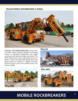 MOBILE ROCKBREAKERS
TM Series - LP15 Mobile Rockbreaker is a heavy duty,
low profile vehicle specifically designed for breaking
oversize in underground applications, with rugged
construction and optimum breaker performance. The
TM12 ARN (Narrow) comes with breaker options of a
BX20 or a BX30. The TM15 ARW (Wide) comes with
breaker options of a BXR50 or a BXR65. The TM15
XH (Extra Heavy) comes with a BXR85 breaker. Cab
options available.
TM15XH MOBILE ROCKBREAKER w/ BXR85
TM15 ARW
TM15 XH
TM12 ARN
07
 