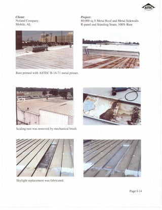 Client:                                         Project:
Noland Company                                  80,000 sq ft Metal Roof and Metal Sidewalls
Mobile, AL                                      R-panel and Standing Seam, 100% Rust




Rust primed with ASTEC B-16-7l metal primer.




Scaling rust was removed by mechanical brush.




Skylight replacement was fabricated.


                                                                                    Page 1-14
 