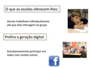 O que as escolas oferecem-lhes:

 Alunos trabalham individualmente
 até que eles interagem no grupo



Prefiro a geração digital:


 Simultaneamente participar em
 redes com muitos outros
 