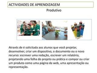 ACTIVIDADES DE APRENDIZAGEM
                    Produtivo




Através de é solicitada aos alunos que você projetar,
desenvolver, criar um dispositivo, o documento ou o novo
recurso: escrever uma redação, escrever um relatório,
projetando uma folha do projeto ou prática e compor ou criar
um produto como uma página da web, uma apresentação ou
representação.
 