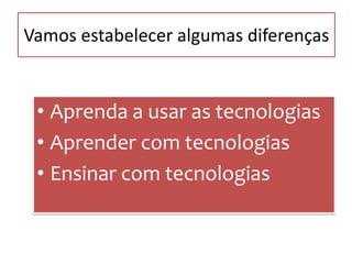 Vamos estabelecer algumas diferenças


 • Aprenda a usar as tecnologias
 • Aprender com tecnologias
 • Ensinar com tecnologias
 