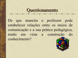 QuestionamentoQuestionamento
De que maneira o professor pode
estabelecer relações entre os meios de
comunicação e a sua prática pedagógica,
tendo em vista a construção do
conhecimento?
 