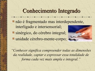 Conhecimento IntegradoConhecimento Integrado
não é fragmentado mas interdependente,
interligado e intersensorial;
sinérgico, do cérebro integral;
unidade cérebro-mente-corpo;
“Conhecer significa compreender todas as dimensões
da realidade, captar e expressar essa totalidade de
forma cada vez mais ampla e integral.”
 