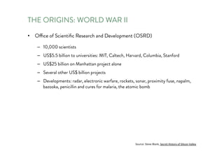 THE ORIGINS: WORLD WAR II
• Office of Scientific Research and Development (OSRD)
– 10,000 scientists
– US$5.5 billion to universities: MIT, Caltech, Harvard, Columbia, Stanford
– US$25 billion on Manhattan project alone
– Several other US$ billion projects
– Developments: radar, electronic warfare, rockets, sonar, proximityfuse, napalm,
bazooka, penicillin and curesfor malaria, the atomic bomb
Source:	Steve	Blank,	Secret	History	of	Silicon	Valley
 