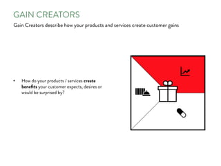 GAIN CREATORS
Gain Creators describe how your products and services create customer gains
•  How do your products / services create
beneﬁts your customer expects, desires or
would be surprised by?
 