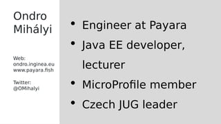  Engineer at Payara
 Java EE developer,
lecturer
 MicroProfile member
 Czech JUG leader
Ondro
Mihályi
Web:
ondro.inginea.eu
www.payara.fish
Twitter:
@OMihalyi
 