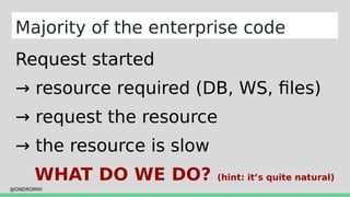 @ONDROMIH
Majority of the enterprise code
Request started
→ resource required (DB, WS, files)
→ request the resource
→ the resource is slow
WHAT DO WE DO? (hint: it’s quite natural)
 