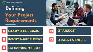 Service Two
Defining
Your Project
Requirements
CLEARLY DEFINE GOALS
IDENTIFY TARGET AUDIENCE
LIST ESSENTIAL FEATURES
SET A BUDGET
ESTABLISH A TIMELINE
 